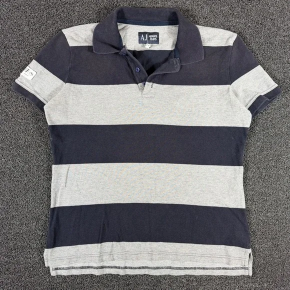Armani Jeans Mens XL Polo Shirt Navy Blue Grey Striped Big Spellout Graphic Y2K - Picture 3 of 9